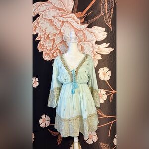 Beautiful Papa Pia Embellished Light Blue Long Sleeve Dress with Gold Accents